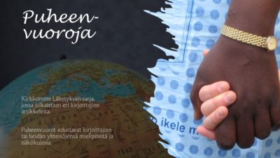 Kirkkomme Lähetyksen Puheenvuoroja palstan tunnuskuva, jossa kaksi kättä yhdessä ja maapallo taustalla.