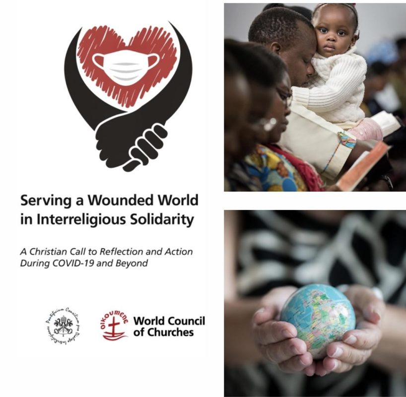 Kolmiosainen kuva, jossa piirroskuva haavoittuneesta maailmasta, lapsi isänsä sylissä ja kädet, jotka pitelevät maapalloa