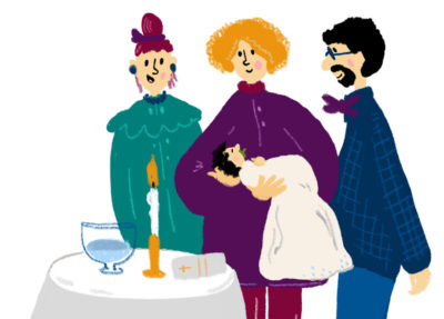 Kastepöydälle on asetettu kynttilä, kastemalja ja raamattu.