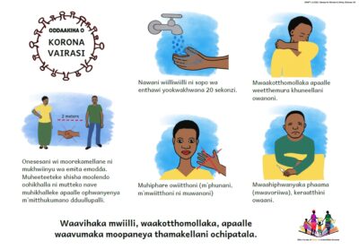 Pipliaseurojen malawilainen koronajuliste, jossa annetaan ohjeita koronalta suojautumiseen.