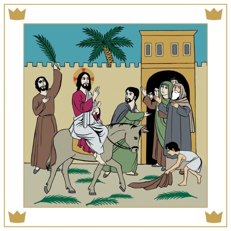 Kirkkovuoden kuvat -sarjasta Adventti: Jeesus ratsastaa aasilla, ympärillä palmunlehdillä tervehtiviä ihmisiä.