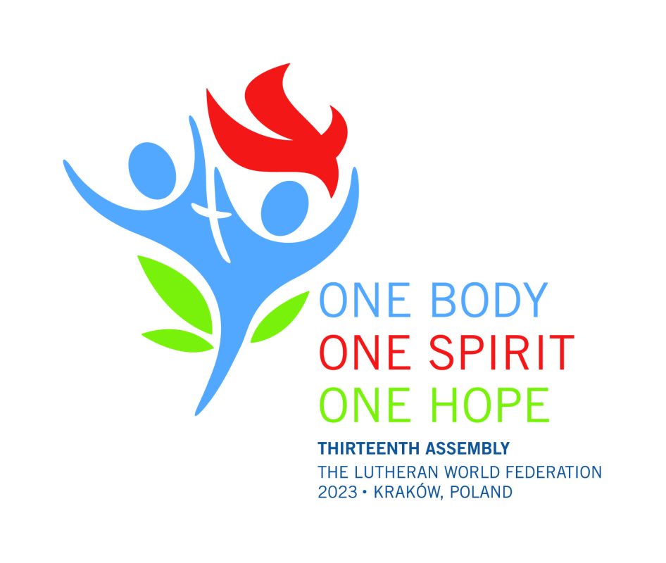 Yleiskokouksen logo, jossa ihmishahmot, kyyhkynen ja vihreät lehdet sekä englanniksi sanat "yksi ruumis, yksi henki, yksi toivo".