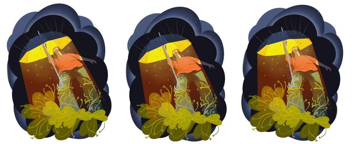Piirroskuvassa ihminen suojaa itseään sateenvarjolla.
