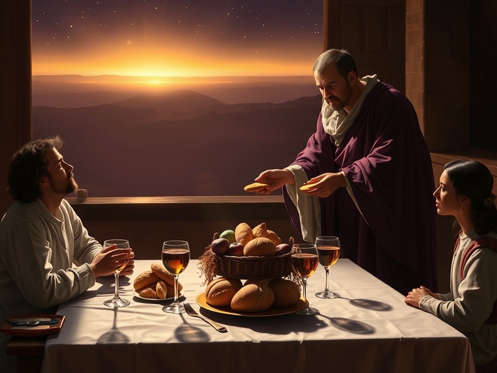 Kuvassa isäntä palvelee palvelijoita - taustalla ikkunasta näkyvä aamunkajo.