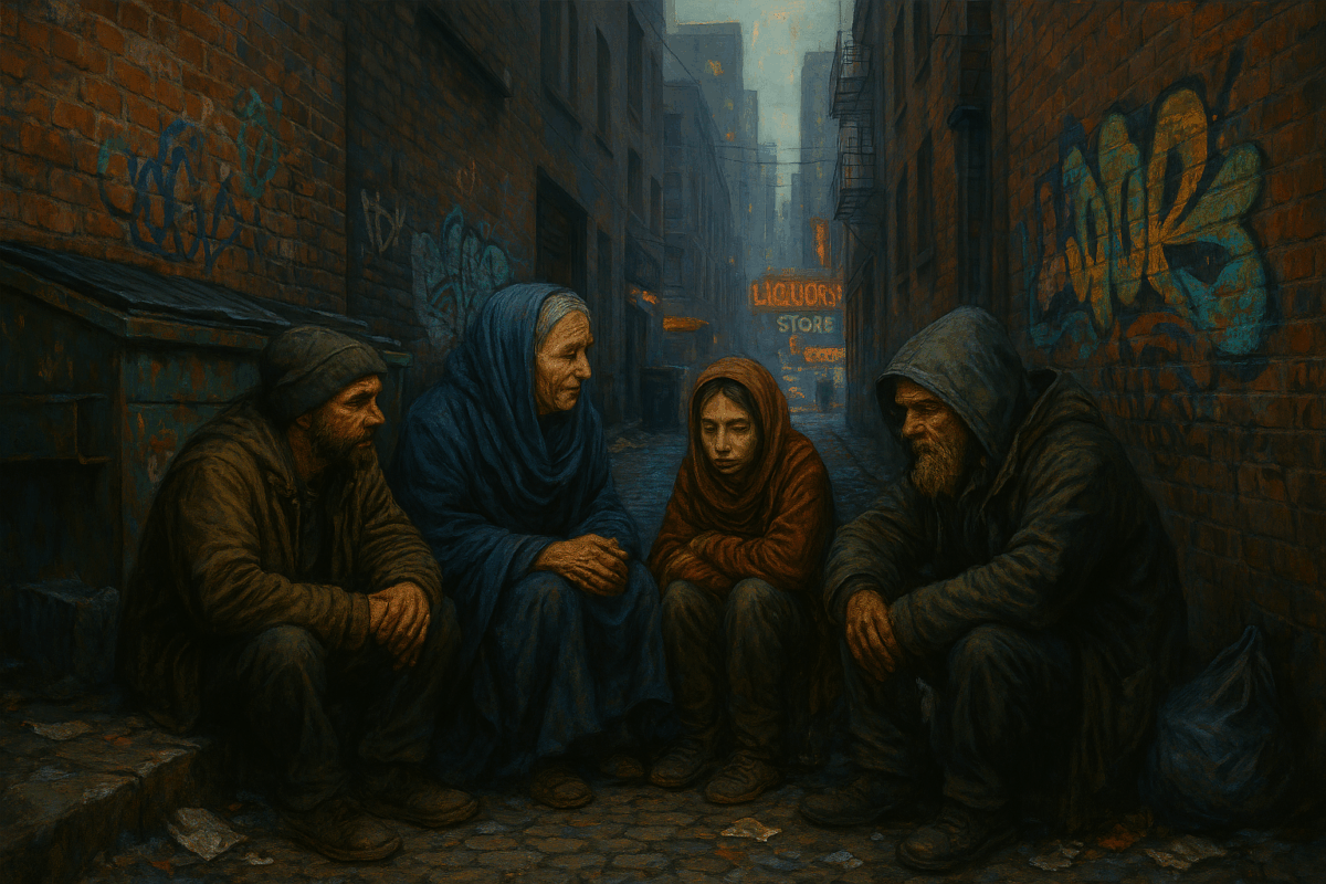 Kuvituskuvassa ihmiset istuvat kadulla kuluneissa huppareissa ja vaatteissa.