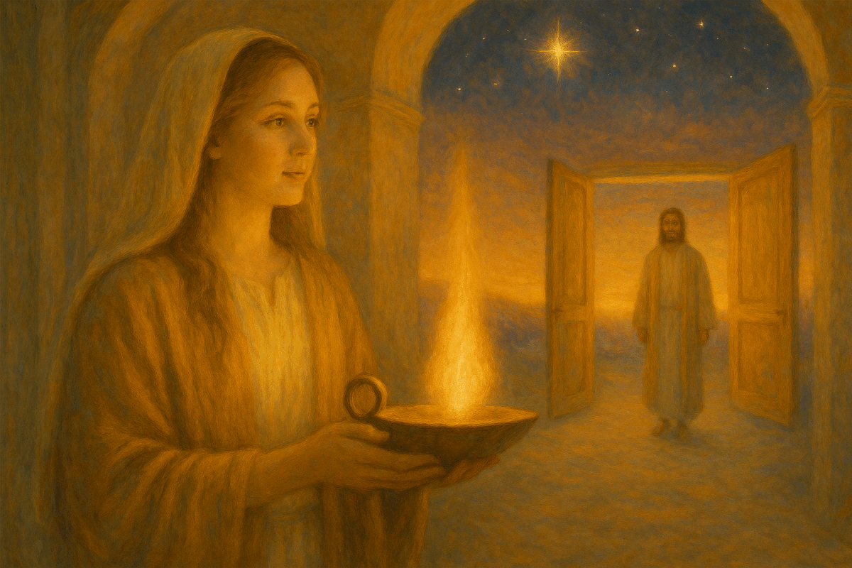 Kuvassa palvelija odottaa öljylamppu kädessään lähestyvää isäntää