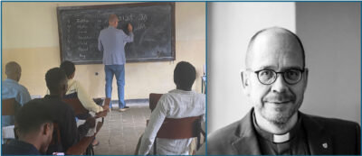Kaksi kuvaa, joista toisessa Magnus Riskan profiilikuva ja toisessa hän opettamassa Etiopiassa 2025