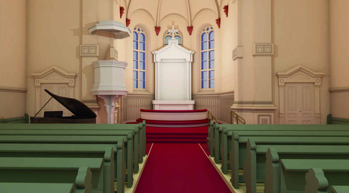 Kaupunginkirkon suunnittelukuva kirkkotilasta alttarille päin.