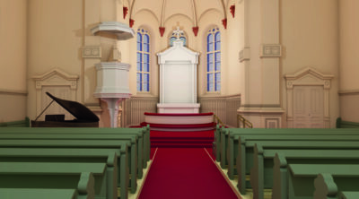 Kaupunginkirkon suunnittelukuva kirkkotilasta alttarille päin.