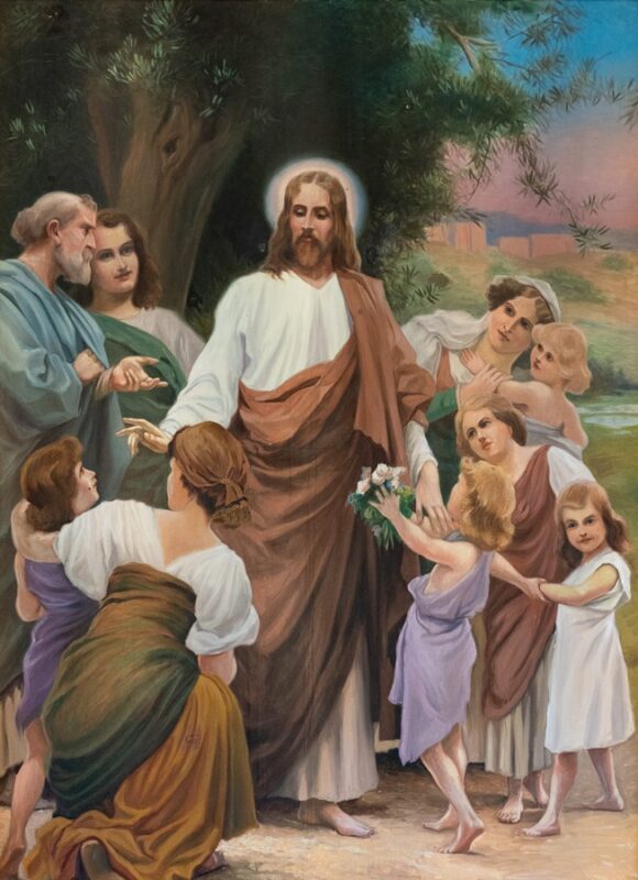 Maalaus, jossa Jeesus on lasten ympäröimänä.